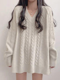 Tineit Solid Color V Neck Cable Knit Sweater