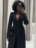 Tineit Elegant Long Blazer Coat Women Single Breasted Black Loose Long Sleeve Shoulder Pads Thicken Suit Jacket Female 2025 Spring Tops