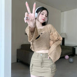 thanksgiving outfit Tineit Chic Hollowed Out Smock Women Long-Sleeve Solid Sexy Cropped Tops Blouse Harajuku Fashion Loose Knitted Y2K High Street Sweater