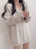 Tineit Solid Color V Neck Cable Knit Sweater