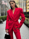 Tineit Elegant Red Lace Up Lapel Collar Suit Jacket For Women Stylish Flap Pockets Long Sleeved Blazer Coat Chic Female Commute Outwear