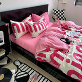 Tineit Korean Style Pink Letter Bedding Set Flat Bed Sheet Pillowcase Twin Full Queen Size Bed Linen Women Girls Duvet Cover No Filling