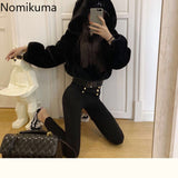 Tineit 2025 Women's Clothing Streetwear Black Crop Jackets High Waist Furry Korean Outwear Y2k Tops Hooded Fashion Casual Soft Coats