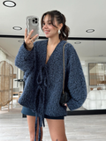 Tineit 2025 New Solid Women's Lace Up Mohair Cardigan Coat Elegant V Neck Long Sleeve Loose Casual Jacket Spring Lady Fashion Outerwear