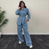 Tineit Denim Coat Pants Sets Women Single Breasted Lapel Belts Jacket Top Wide Leg Trousers Suits Female 2 Pieces Casual Street Outfits