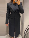 Tineit Elegant Long Blazer Coat Women Single Breasted Black Loose Long Sleeve Shoulder Pads Thicken Suit Jacket Female 2025 Spring Tops