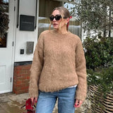 Tineit Mohair Oversize Sweater Women Casual O-neck Knitted Fashion Long Sleeve Warm Pullover Female 2025 Autumn Chic Soft Jumper Tops