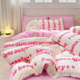 Tineit Princess Style Bedding Set Girls Twin Queen Full Size Duvet Cover Set Bed Flat Sheet Pillowcase Kids Adult Pink Letter Bed Linen