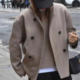 cold weather outfits Tineit 2024 Autumn Winter Women Casual Solid Woolen Coat Fashion Office Lady Loose Double Breasted Turtleneck Demi-season Jacket