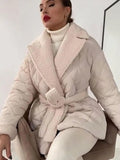 Tineit Cotton Thick Loose Parkas Women Jackets Grid Pattern Solid Lapel Coats Elegant Belt Female Top Lady Warm Chic Outwear 2025 New