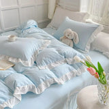 Tineit Korean Princess Style Duvet Cover Set No Filling Pink Blue Soft Washed Cotton Girls Favorite Ruffles Bed Linen Pillowcases