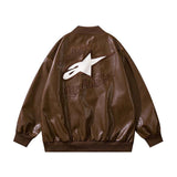 Tineit 2024 Fall Fashion Vintage Embroidery Star Leather Jacket