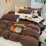 Tineit Mocha Bear Embroidery Bedding Set Twin Queen Duvet Cover Set Pillowcases for Adult Kids Bed Flat Sheet Cute Quilt Cover Kawaii