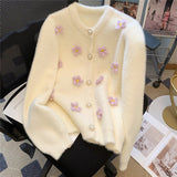 thanksgiving outfit Tineit 3D Flower Knitted Cardigan Women V-Neck Fall Winter Warm Long-Sleeved Sweet Sweater Pearl Buttons Pretty Style Blouse