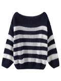 Tineit Striped Knitted Sweater Women O-neck Long Sleeve Contrast Color Loose Elegant Pullover Female 2025 Winter Casual Jumper Tops