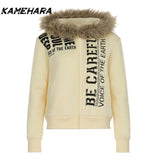 Tineit Japanese Abitu Street Style Letter Printed Hooded Woolen Cardigan Reduction Sweet Cool Style Loose Fur Collar Jackets