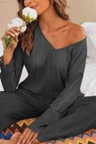 Tineit V Neck Ribbed Long Sleeve Two-Piece Set