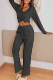 Tineit V Neck Ribbed Long Sleeve Two-Piece Set