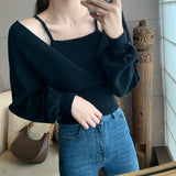 thanksgiving outfit Tineit Autumn Fake Two-Piece Sweater Women Knitted Solid Slim Long-Sleeved Pullover Fashion Casual Sweet Pretty Style Female Tops