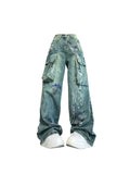 christmas outfit Tineit Women Blue Graffiti Cargo Jeans Baggy Vintage Korean Cowboy Pants Harajuku Denim Trouser 90s Aesthetic Y2k 2000s Trashy Clothes