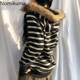 Tineit Striped Women Hoodies Coats 2025 Ropa Mujer Furry Hooded Zipper Sweatshirts Y2k Tops Casual Fashion Korean Hoodie Ropa Mujer