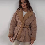 Tineit Cotton Thick Loose Parkas Women Jackets Grid Pattern Solid Lapel Coats Elegant Belt Female Top Lady Warm Chic Outwear 2025 New