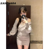 Tineit Japanese Lace Neck Knitted Sweater Autumn High Waisted Hip Hugging Skirt Sexy Off Shoulder Sweater Sweet Two Piece Sets