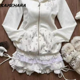 Tineit Sweet Girl Cute Hooded Ear Set Lace Up Hoodie Jacket Fashionable High Waisted Cake Skirt Spring Autumn Y2k 2 Piece Set