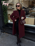 Tineit Women's Chic Burgundy Double-breasted Woolen Overcoat 2025 New Fashion Flap Pocket Lapel Long Jacket Elegant Lady Street Outwear