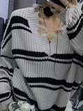 Tineit Striped V Neck Frayed Tassel Knit Sweater