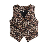 Tineit Women's Vest 2024 Fashion Leopard Summer V-Neck Single-breasted Vest Top Ladies Casual Cropped Sleeveless Coat New In Vests