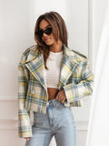 Tineit Plaid Short Woolen Jacket Women Double Breasted Turn-down Collar Casual Chic Long Sleeve Coats 2025 Autumn New Street Outwear