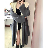 thanksgiving outfit Tineit Fake Two-Piece Knitted Cardigan Women Hooded Patchwork Korean Fall Sweater Fashion Loose Casual High Street Big Pockets Jumpers