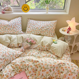 Tineit Floral Printed Duvet Cover Fresh Tulip Flower Comforter Cover and Sheet Pillowcase Skin-friendly Girl Home Bedding Set NO Filler