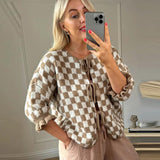 Tineit Plaid Lace Up Bow Female Cardigan Flare Sleeve O Neck Women Sweater 2025 Autumn Fashion Casual Loose Elegant Knit Lady Top