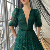 Tineit Customized Glitter Short Sleeves V Neck robes de soirée A-line Party Dresses Floor-Length Sash Mesh Fabric Prom Dress-(PRE-ORDER)