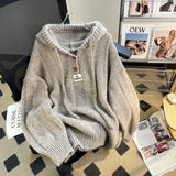 thanksgiving outfit Tineit Korean Knitted Hooded Sweater Women Fall Winter Long Sleeved Warm Buttons Loose Pullover Solid Harajuku Lazy Sprots Sweatshirt