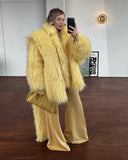 Tineit 2025 Chic Yellow Warm Fluffy Faux Fur Coat With Scarf Women Fashion Long Sleeves Loose Thick Jackets Lady Thermal New Streetwear