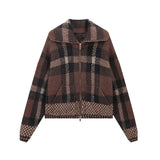 thanksgiving outfit Tineit Autumn/Winter New Product Women's Fashion Collar Long Sleeve Sweater Checkered Knitwear Cardigan Sweater Coat