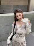 Tineit Furry Slash Neck Woman T Shirts Y2k Tops Letter Tunic Tees 2025 Ropa Mujer Fashion Korean Camisetas Off Shoulder Sexy Tshirts