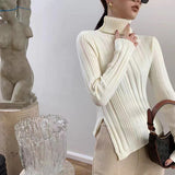 thanksgiving outfit Tineit Zoki Autumn Warm Turtleneck Knit Sweater Women Fashion Split Irregular Slim Chic Pullover Korean Thick Solid All Match Jumpers