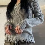 Tineit 2024 Fall Fashion Ribbed Tattered V Neck Sweater