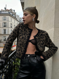 Tineit Mohair Leopard Print Cardigan Women Knit Fashion Single Breasted V-neck Loose Chic Sweaters 2025 Autumn Casual Coat Street Tops