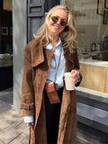 Tineit Suede Women Long Coat With Belt Vintage Lapel Double Breasted Split Lady Overcoat 2025 New Autumn Lady Long Jacket Street Tops