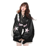 Tineit Black Oversized Tops Harajuk Jackets Women Clothes Bow Letter Embroidery Coats 2025 Ropa Mujer Casual Fashion Streetwear Outwear