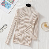 thanksgiving outfit Tineit Pit Stripe Knit Sweater Women Korean Fall Winter Fashion Slim Elegant Solid Half High Collar Long Sleeve Pullover Basic Chic Top