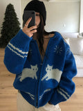 Tineit Cartoon Embroidery Knitted Cardigans Women Zipper Loose O-neck Long Sleeve Striped Sweater Female Chic Casual Coat Top Spring