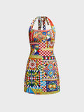 Tineit 2024 New Halter Geometric Sleeveless Mini Dress