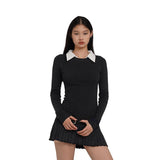 Tineit Women Korean Preppy Style Mini Black Shirt Dress Fake Two Pieces Long Sleeve One-Piece with Belt 2000s Aesthetic Party Y2k Tide