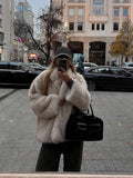 Tineit White Elegant Lapel Fluffy Faux Fur Thermal Coat Women Fashion Long Sleeves Thick Warm Jacket 2024 New Chic Lady Winter Overcoat